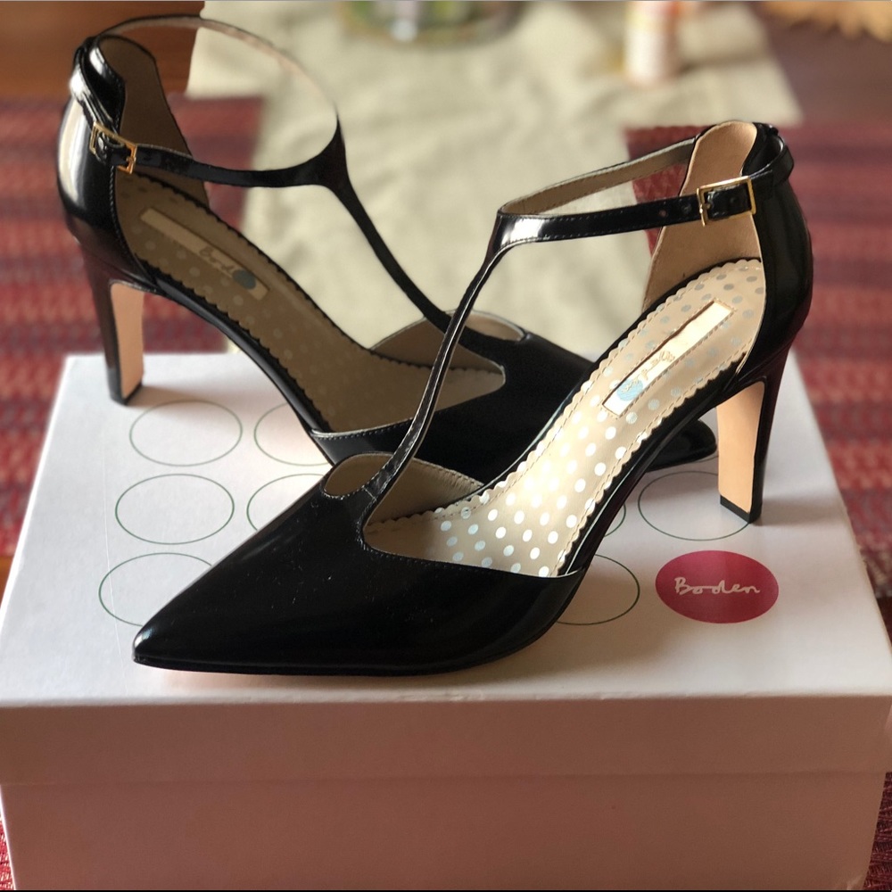 Boden Beatrice T-Strap High Heel in Black Patent